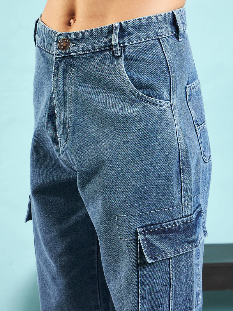 Men Blue Washed Cargo Pocket Loose Fit Jeans