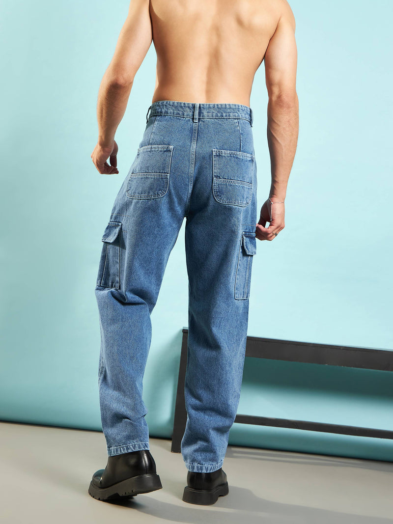 Men Blue Washed Cargo Pocket Loose Fit Jeans