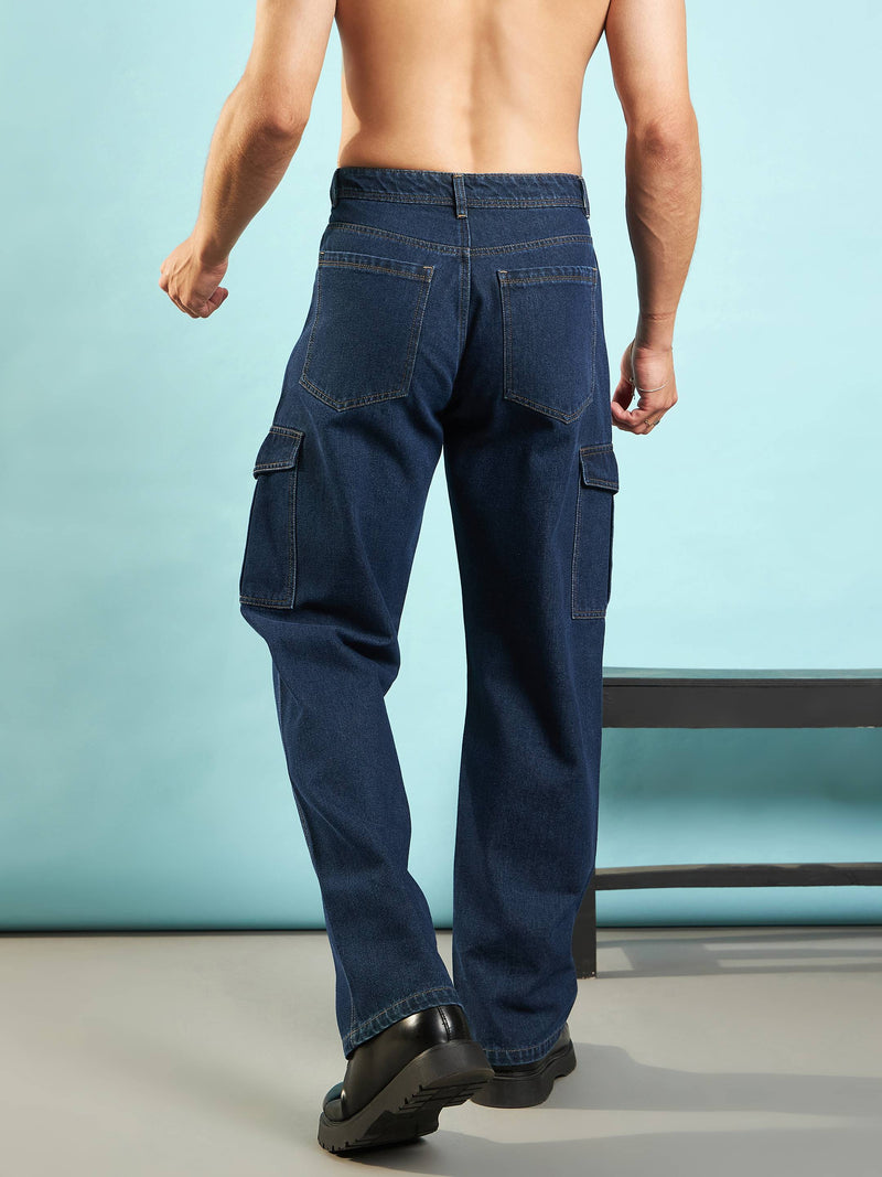 Men Blue Front Detail Cargo Pocket Jeans
