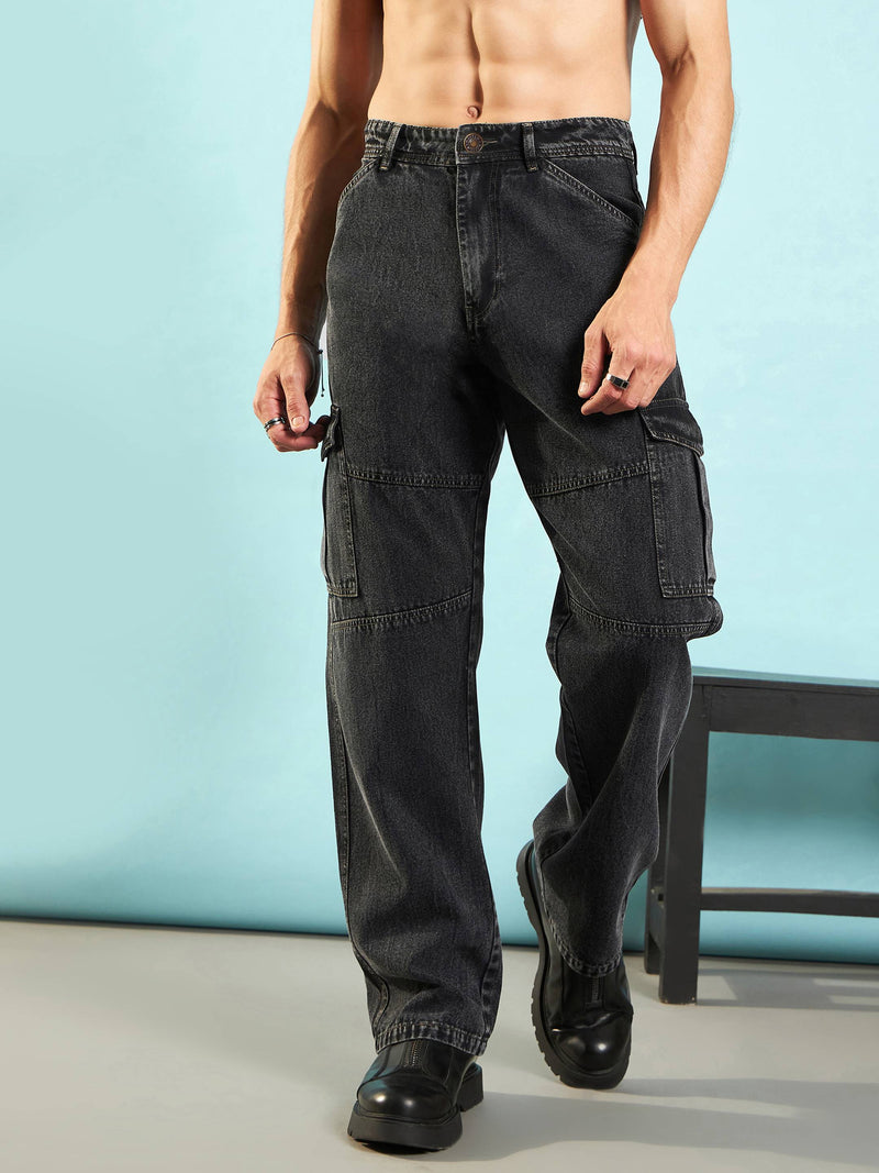 Men Black Front Detail Cargo Pocket Jeans
