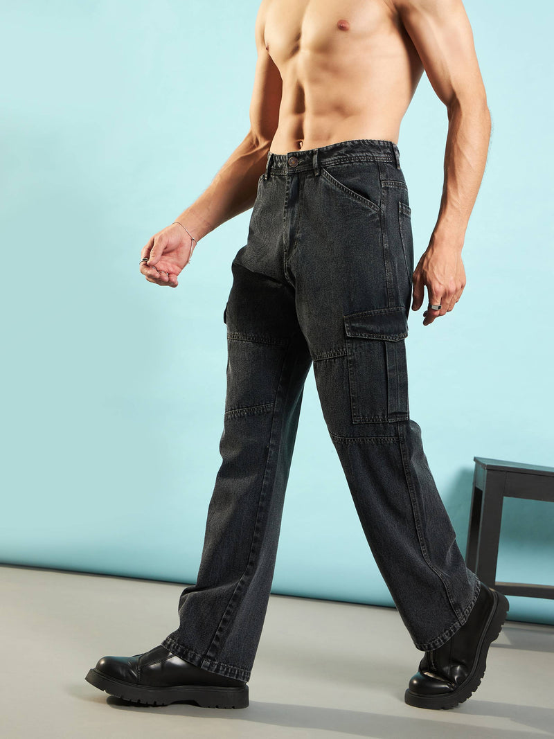 Men Black Front Detail Cargo Pocket Jeans