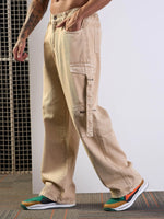 Men Beige Side Pocket Baggy Cargo Jeans-MSJEAN0616