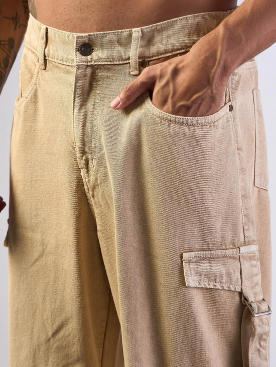 Men Beige Side Pocket Baggy Cargo Jeans-MSJEAN0616