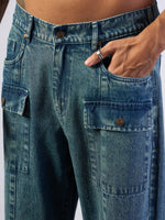 Men Blue Washed Front Zipper Baggy Jeans-MSJEAN0619