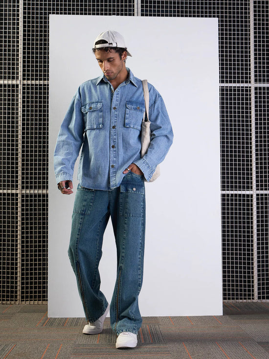 Men Blue Washed Front Zipper Baggy Jeans-MSJEAN0619