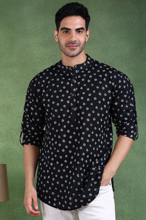 Ethnic Bay Black Cotton Bandhani Printed Straight Short Kurta For Men MSKU1001BLK