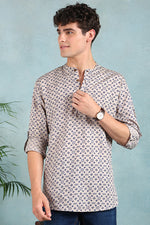 Ethnic Bay Beige Cotton Geometric Printed Straight Short Kurta For Men MSKU1004BLU