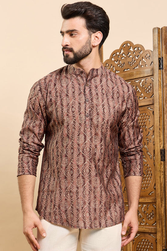 Ethnic Bay Brown Cotton Geometric Printed Ethnic Straight Short Kurta For Men MSKU1008BWN