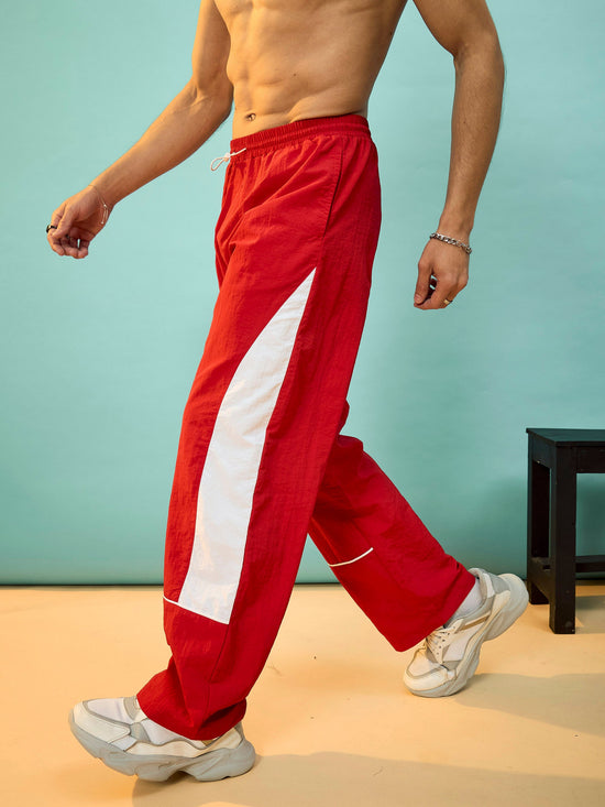 Men Red & White Colorblock Parachute Pants