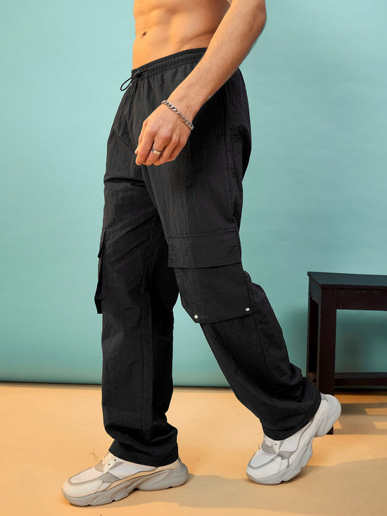 Men Black Utility Pockets Parachute Pants