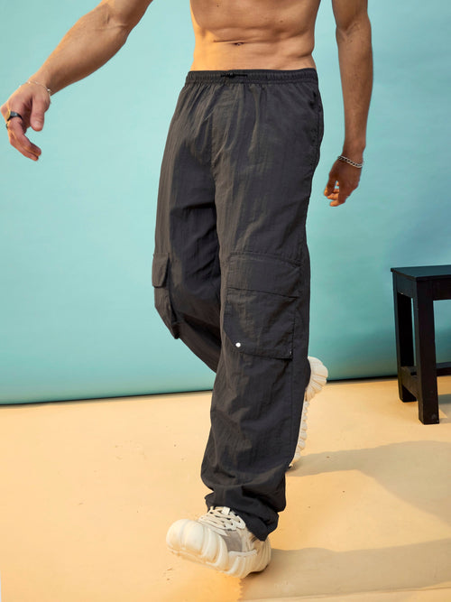 Men Grey Utility Pockets Parachute Pants