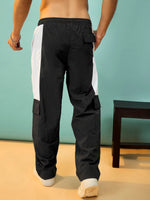 Men Black & White Flap Pocket Parachute Pants