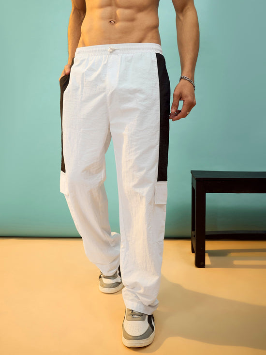 Men White & Black Flap Pocket Parachute Pants