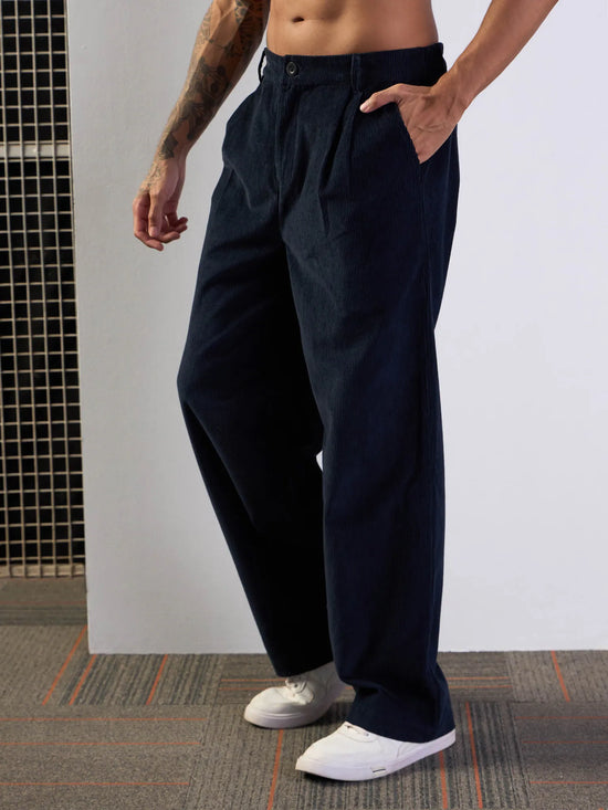 Men Navy Corduroy Front Dart Pants-MSPANT50950