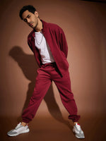 Men Maroon Front Zipper Oversized Sweatshirt With Joggers