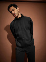 Men Black Front Zipper Oversized Sweatshirt With Joggers