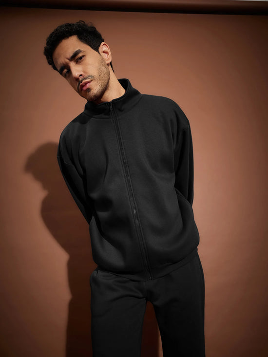 Men Black Front Zipper Oversized Sweatshirt With Joggers