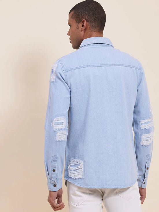 Men's Ice Blue Distressed Denim Jacket Shirt