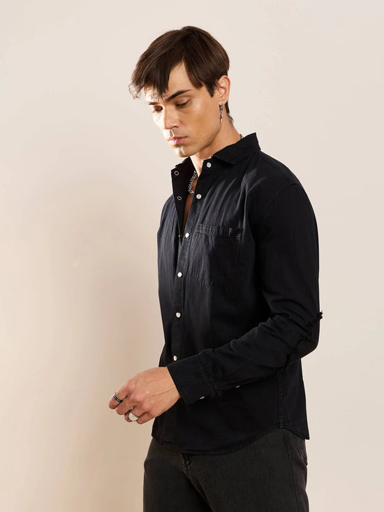 Men Black Tencel Elbow Patch Shirt