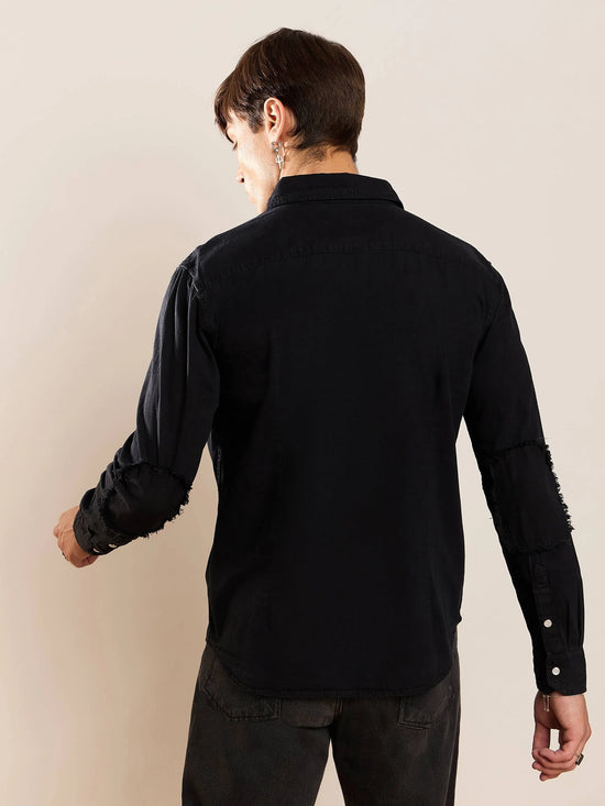 Men Black Tencel Elbow Patch Shirt