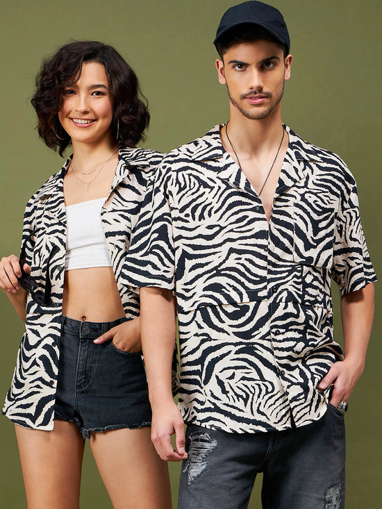 Unisex Beige & Black Animal Print Relax Fit Shirt