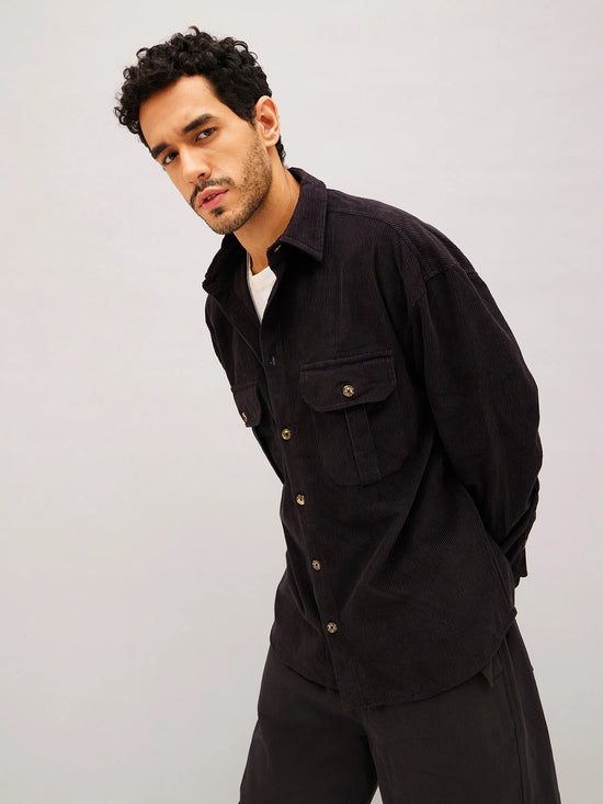 Men Black Corduroy Oversized Shacket