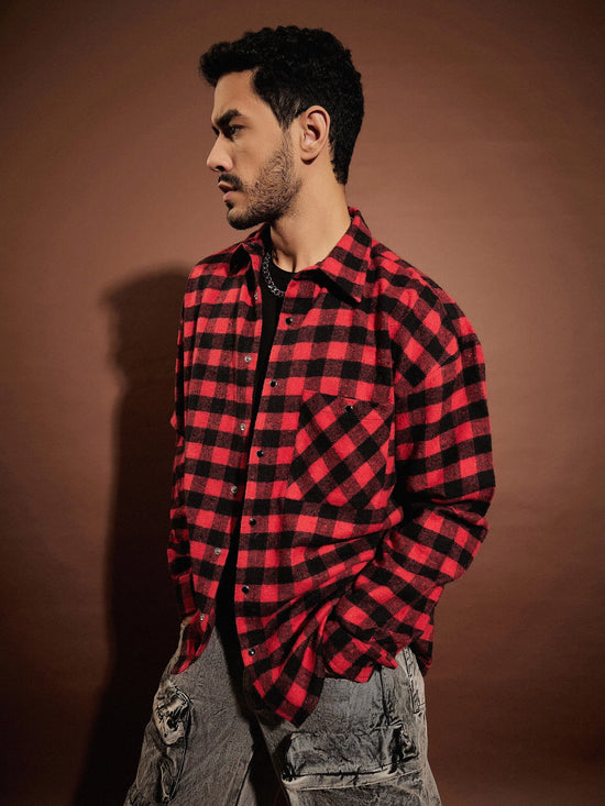 Men Red & Black Check Oversized Shirt