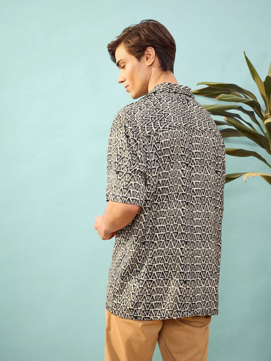 Unisex Brown Geometric Print Relax Fit Shirt