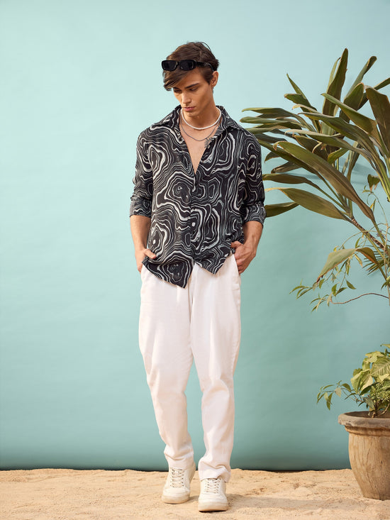 Men Black & White Marble Print Relax Fit Shirt