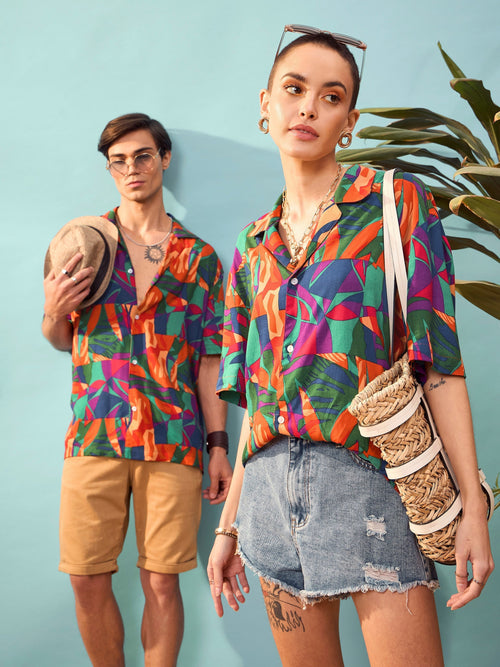 Unisex Blue Multi Tropical Print Relax Fit Shirt