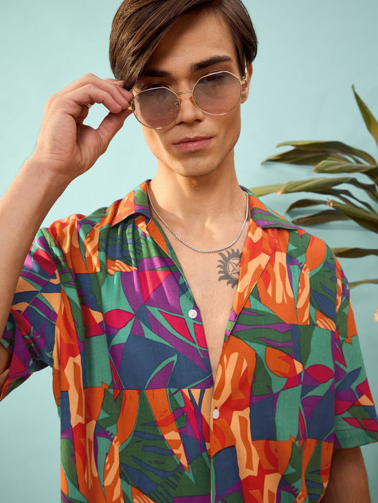 Unisex Blue Multi Tropical Print Relax Fit Shirt