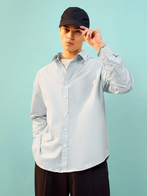 Men Grey & White Stripe Oversize Shirt