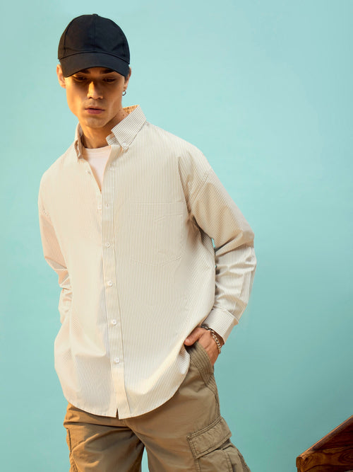 Men Beige & White Stripe Oversize Shirt