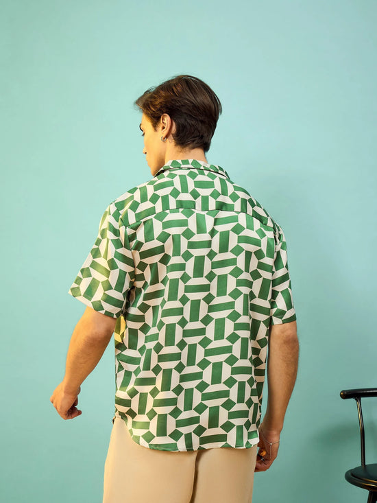 Men Green Satin Printed Relax Fit Shirt