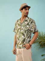 Unisex Olive Tropical Print Relax Fit Shirt