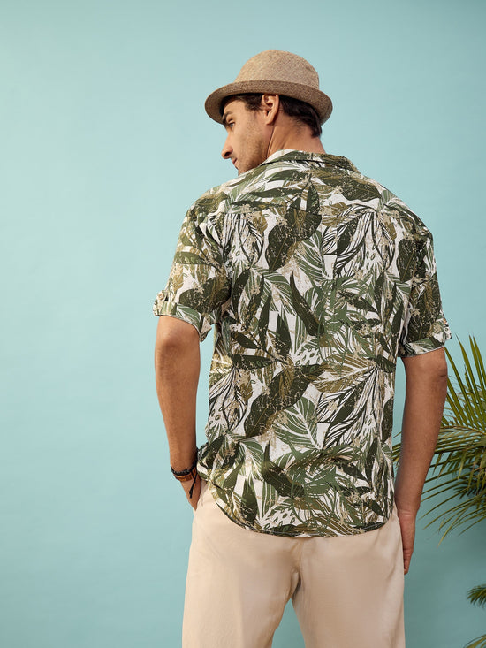 Unisex Olive Tropical Print Relax Fit Shirt