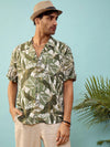 Unisex Olive Tropical Print Relax Fit Shirt