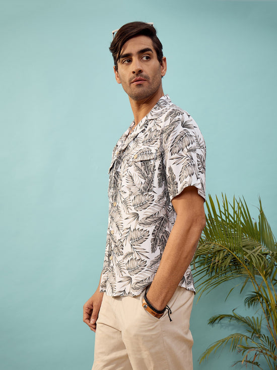 Unisex Grey Tropical Print Relax Fit Shirt