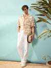 Unisex Beige Tropical Print Relax Fit Shirt