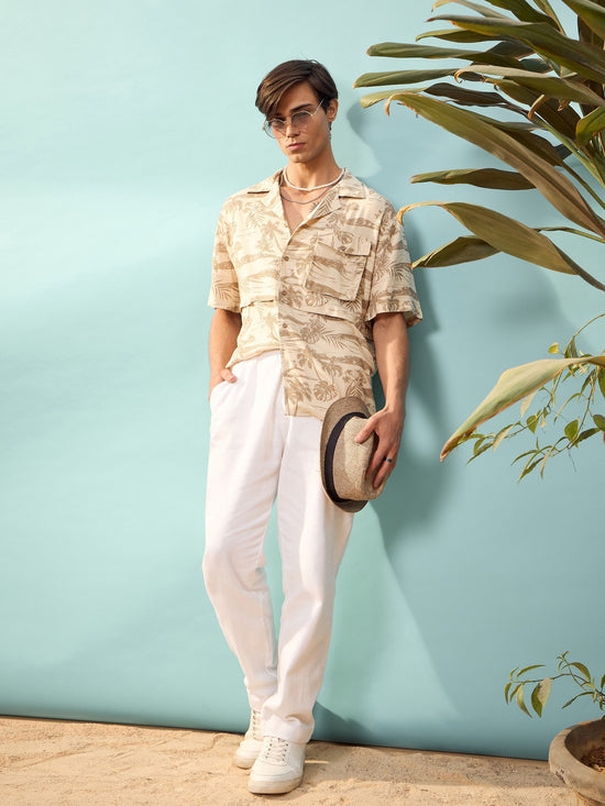 Unisex Beige Tropical Print Relax Fit Shirt