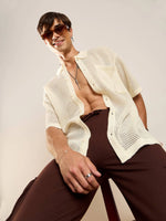 Men White Crochet Knit Oversize Shirt