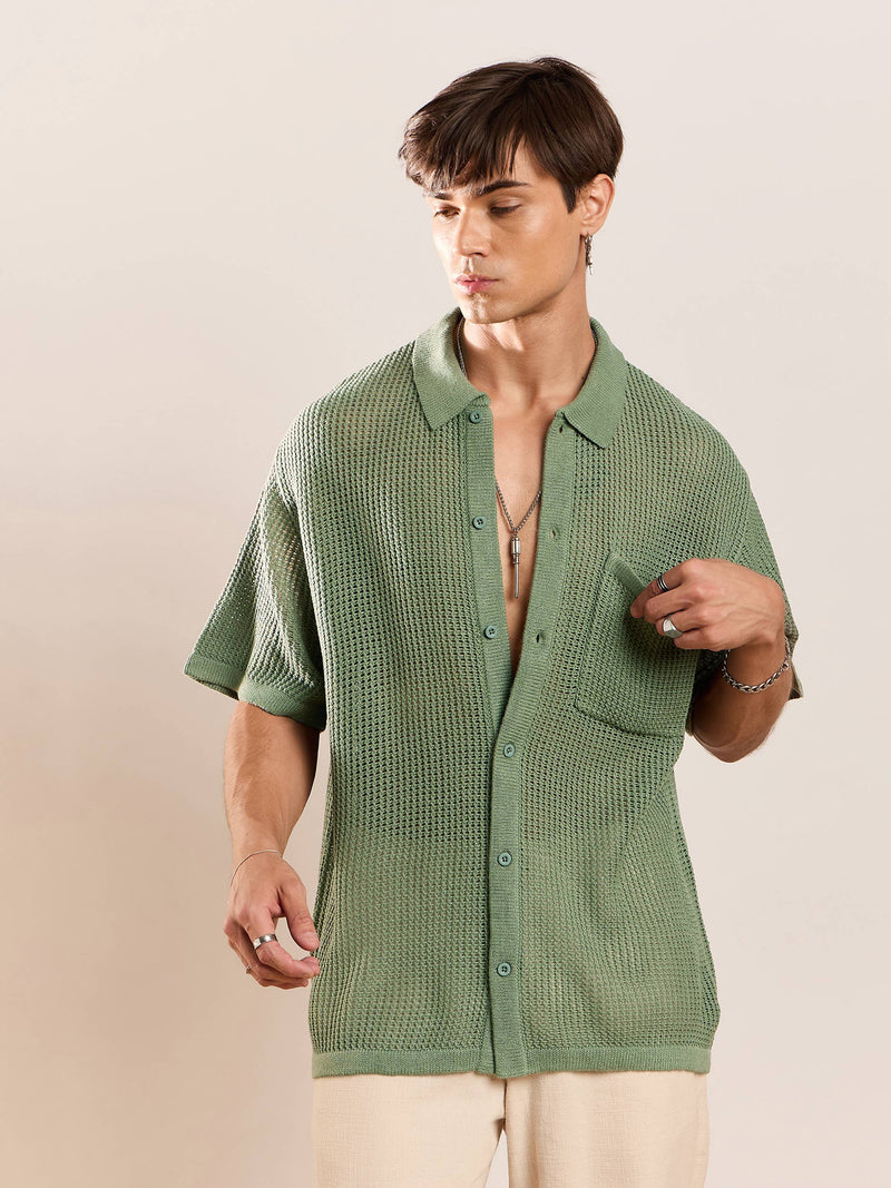 Men Green Crochet Knit Oversize Shirt