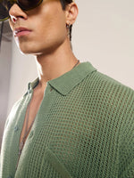 Men Green Crochet Knit Oversize Shirt