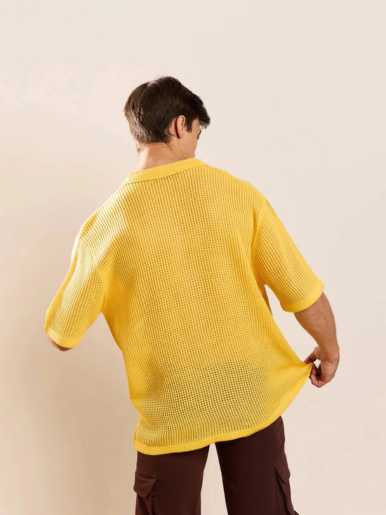 Men Yellow Crochet Knit Oversize Shirt