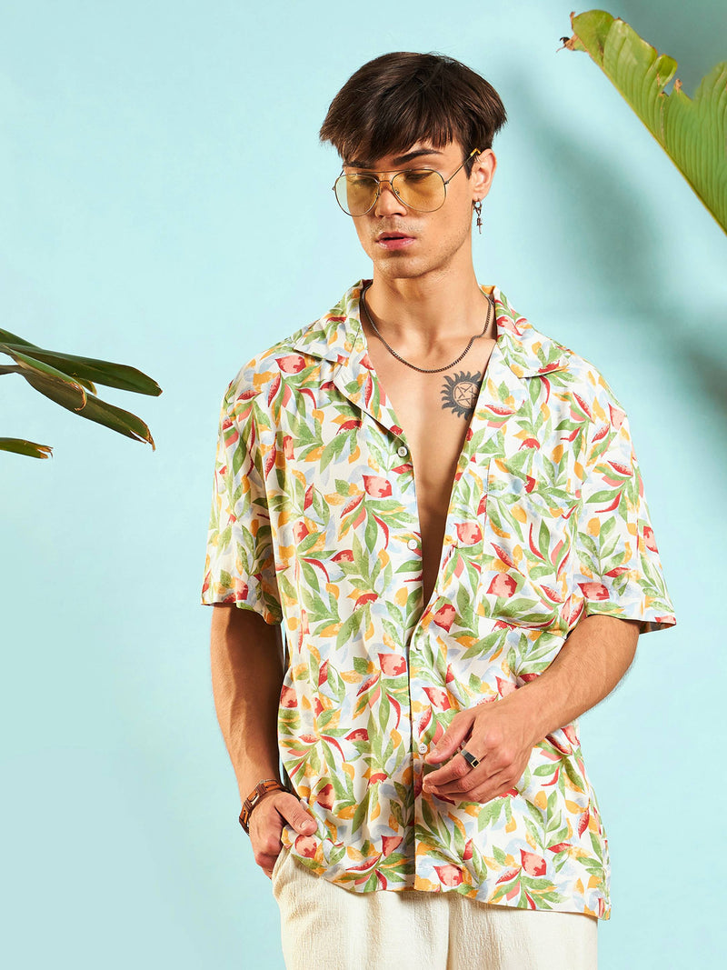 Men White Tropical Print Relax Fit Shirt