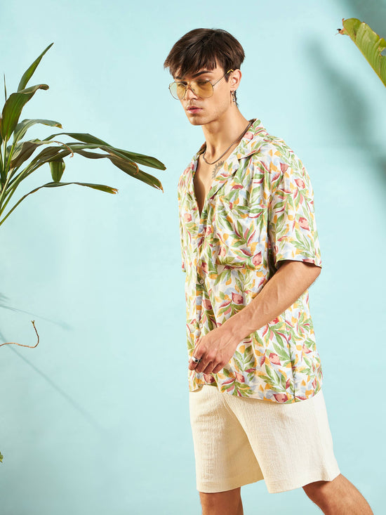 Men White Tropical Print Relax Fit Shirt