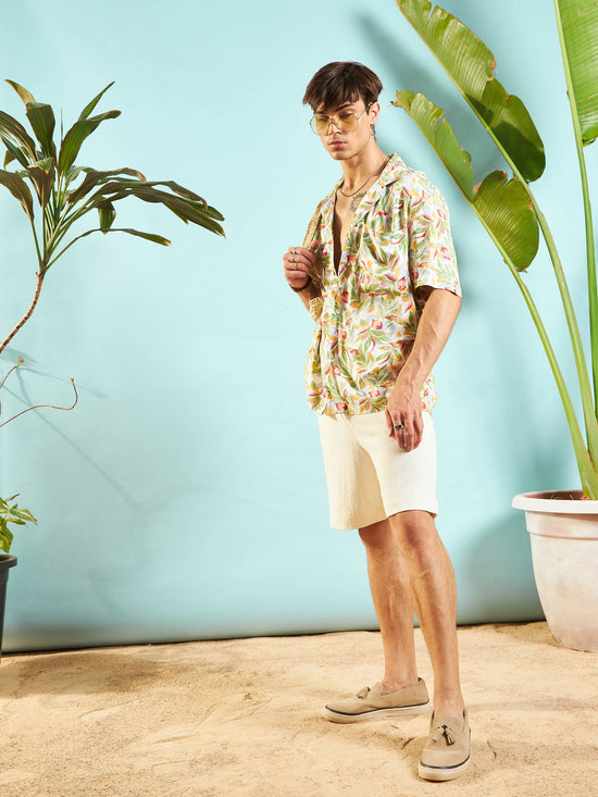 Men White Tropical Print Relax Fit Shirt