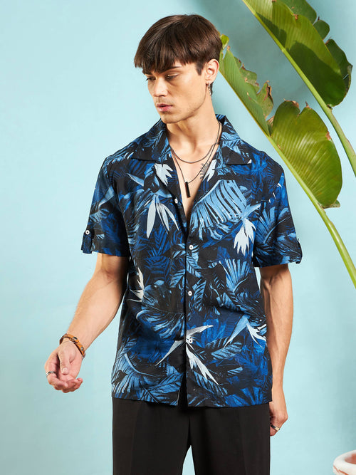 Men Blue Tropical Print Rollup Sleeves Relax Fit Shirt