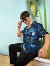 Men Blue Tropical Print Rollup Sleeves Relax Fit Shirt