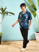 Men Blue Tropical Print Rollup Sleeves Relax Fit Shirt